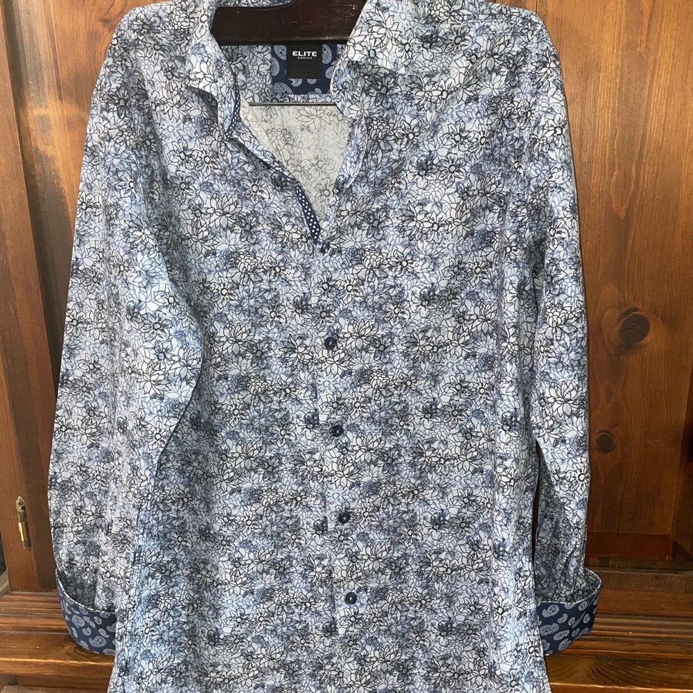 Elite Mens Floral Dress Shirt in Blue and White. Pet friendly home.